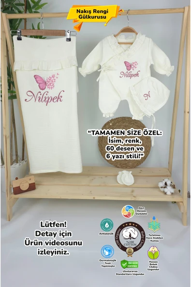 gros shop Müslin Yeni Doğan 4Katlı Organik %100Pamuk Kişiye Özgü Nakışlı Hastane Çıkış Seti (Çoklu Kelebek-2) ürün görseli