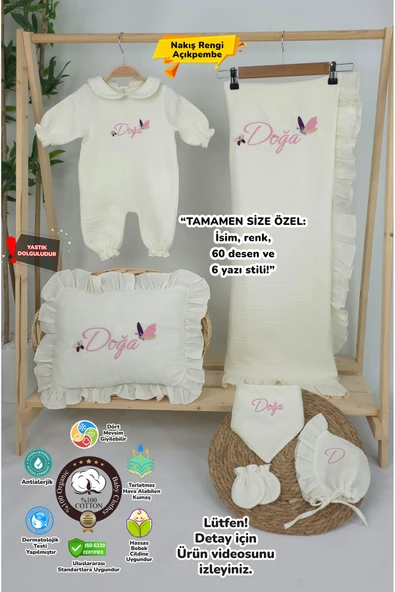 gros shop Müslin Yeni Doğan 4Katlı Organik %100Pamuk Kişiye Özgü Nakışlı Hastane Çıkış Seti (Kelebek Model-1) - Resim 3