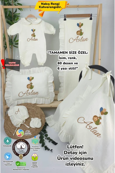 gros shop Müslin Yeni Doğan 4Katlı Organik %100Pamuk Kişiye Özgü Nakışlı Hastane Çıkış Seti-Aslan Model ürün görseli