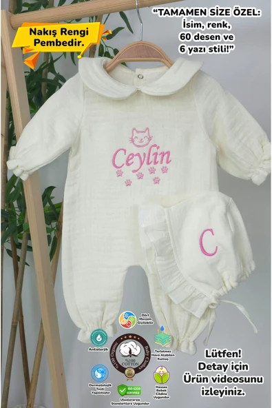 gros shop Müslin Yeni Doğan 4Katlı Organik %100Pamuk Kişiye Özgü Nakışlı Hastane Çıkış Seti (Kedi Patisi) ürün görseli