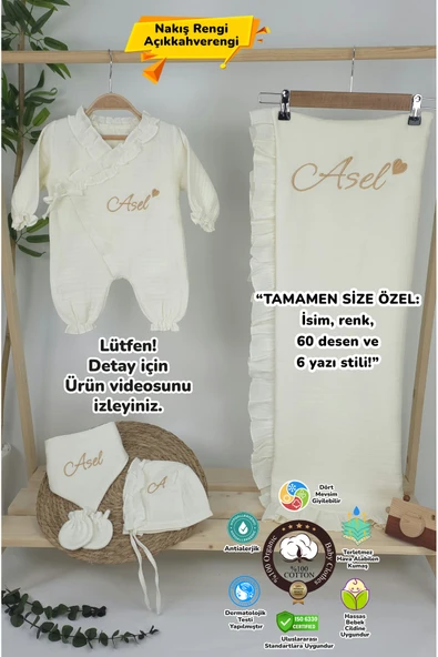 gros shop Müslin Yeni Doğan 4Katlı Organik %100Pamuk Kişiye Özgü Nakışlı Hastane Çıkış Seti-Kalpli ürün görseli