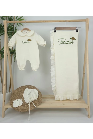 gros shop Müslin Yeni Doğan 4Katlı Organik %100Pamuk Kişiye Özgü Nakışlı Hastane Çıkış Seti (Kablunbağa Model) - Resim 2