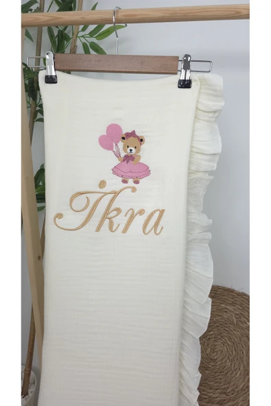 gros shop Müslin Yeni Doğan 4Katlı Organik %100Pamuk Kişiye Özgü Nakışlı Hastane Çıkış Seti (Ayıcık Model-5) - Resim 4