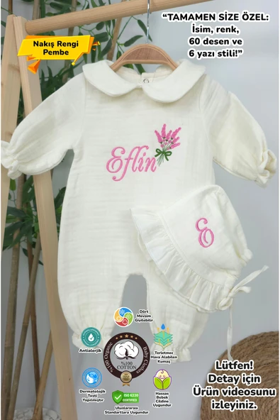 gros shop Müslin Yeni Doğan 4Katlı Organik %100Pamuk Kişiye Özgü Nakışlı Hastane Çıkış Seti (Lavanta Modeli)