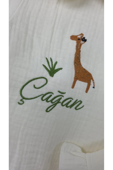 gros shop Müslin Yeni Doğan 4Katlı Organik %100Pamuk Kişiye Özgü Nakışlı Hastane Çıkış Seti-Safari Model-2 - Resim 4
