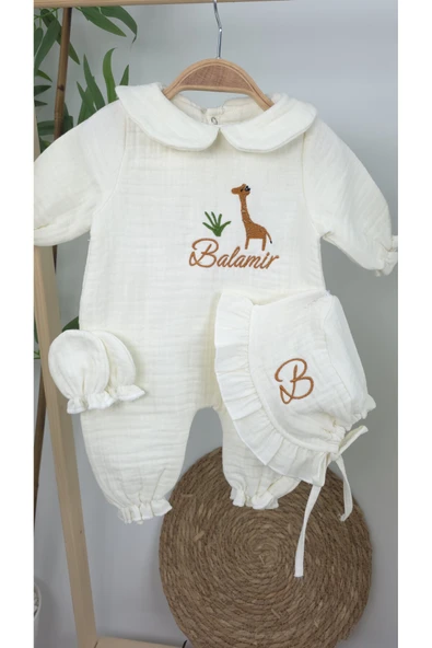 gros shop Müslin Yeni Doğan 4Katlı Organik %100Pamuk Kişiye Özgü Nakışlı Hastane Çıkış Seti-Safari Model - Resim 3