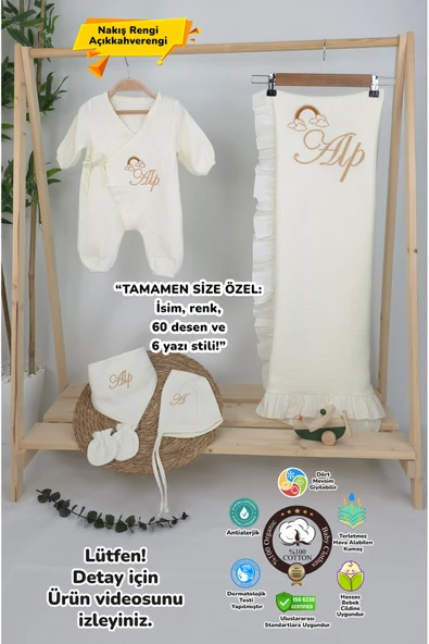 gros shop Müslin Yeni Doğan 4Katlı Organik %100Pamuk Kişiye Özgü Nakışlı Hastane Çıkış Seti (Gökkuşağı Model2) ürün görseli