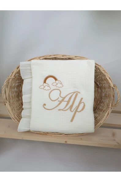 gros shop Müslin Yeni Doğan 4Katlı Organik %100Pamuk Kişiye Özgü Nakışlı Hastane Çıkış Seti (Gökkuşağı Model2) - Resim 3