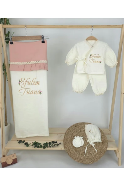 gros shop Müslin Yeni Doğan 4Katlı Organik %100Pamuk Kişiye Özgü Nakışlı Hastane Çıkış Seti (Papatya Model-6) - Resim 2