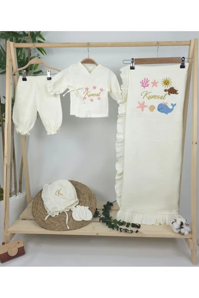 gros shop Müslin Yeni Doğan 4Katlı Organik %100Pamuk Kişiye Özgü Nakışlı Hastane Çıkış Seti(Okyanus Model-2) - Resim 2