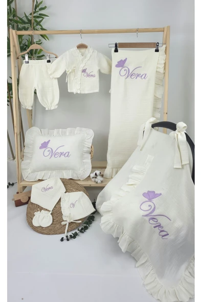 gros shop - Müslin Yeni Doğan 4Katlı Organik %100Pamuk Kişiye Özgü Nakışlı Hastane Çıkış Seti(Tekli Kelebek-1) - Resim 2