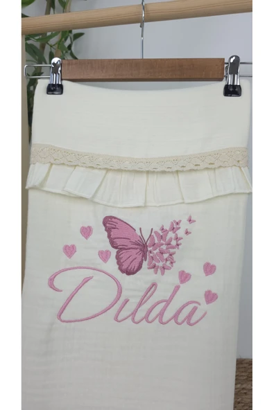 gros shop Müslin Yeni Doğan 4Katlı Organik %100Pamuk Kişiye Özgü Nakışlı Hastane Çıkış Seti (Çoklu Kelebek-3) - Resim 3