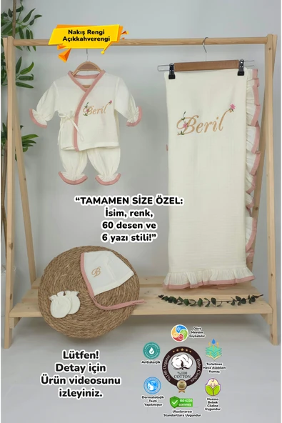 gros shop Müslin Yeni Doğan 4Katlı Organik %100Pamuk Kişiye Özgü Nakışlı Hastane Çıkış Seti (Pudra Biyeli-1) ürün görseli