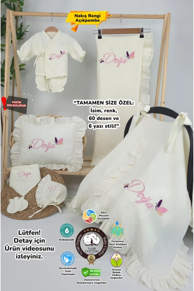 gros shop Müslin Yeni Doğan 4Katlı Organik %100Pamuk Kişiye Özgü Nakışlı Hastane Çıkış Seti (Kelebek Model-1) ürün görseli