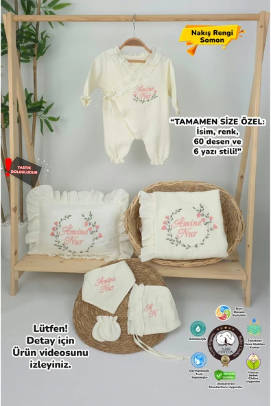 gros shop Müslin Yeni Doğan 4Katlı Organik %100Pamuk Kişiye Özgü Nakışlı Hastane Çıkış Seti (Çiçek Model-2) - 1