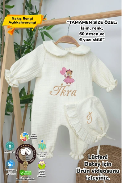 gros shop Müslin Yeni Doğan 4Katlı Organik %100Pamuk Kişiye Özgü Nakışlı Hastane Çıkış Seti (Ayıcık Model-5) ürün görseli