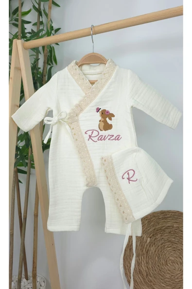 gros shop Müslin Yeni Doğan 4Katlı Organik %100Pamuk Kişiye Özgü Nakışlı Hastane Çıkış Seti (Tavşan Model-5) - Resim 2