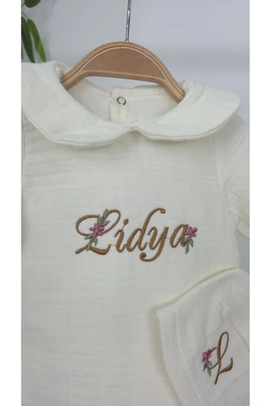 gros shop Müslin Yeni Doğan 4Katlı Organik %100Pamuk Kişiye Özgü Nakışlı Hastane Çıkış Seti (Papatya Model-9) - 3