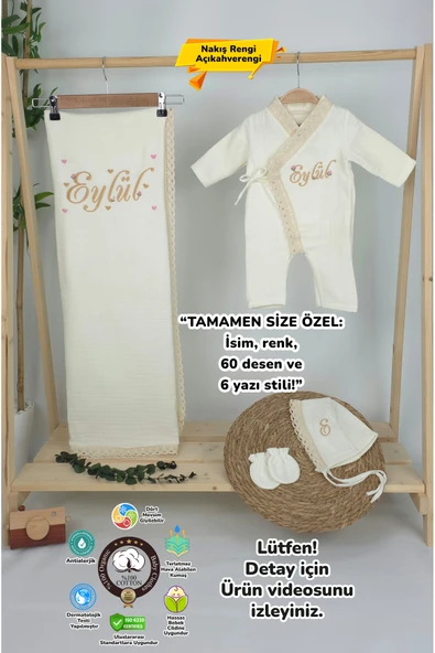 gros shop Müslin Yeni Doğan 4Katlı Organik %100Pamuk Kişiye Özgü Nakışlı Hastane Çıkış Seti (Kalpli Model-5) ürün görseli