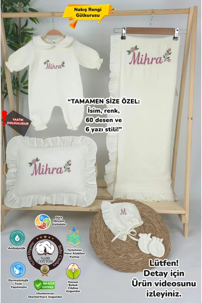 gros shop Müslin Yeni Doğan 4Katlı Organik %100Pamuk Kişiye Özgü Nakışlı Hastane Çıkış Seti- Güllü Model-1 ürün görseli