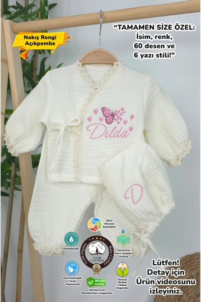 gros shop Müslin Yeni Doğan 4Katlı Organik %100Pamuk Kişiye Özgü Nakışlı Hastane Çıkış Seti (Çoklu Kelebek-3) ürün görseli