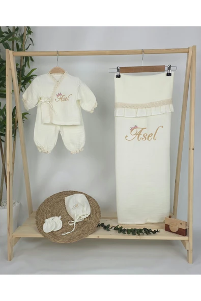 gros shop Müslin Yeni Doğan 4Katlı Organik %100Pamuk Kişiye Özgü Nakışlı Hastane Çıkış Seti (Papatya Model-2) - Resim 2