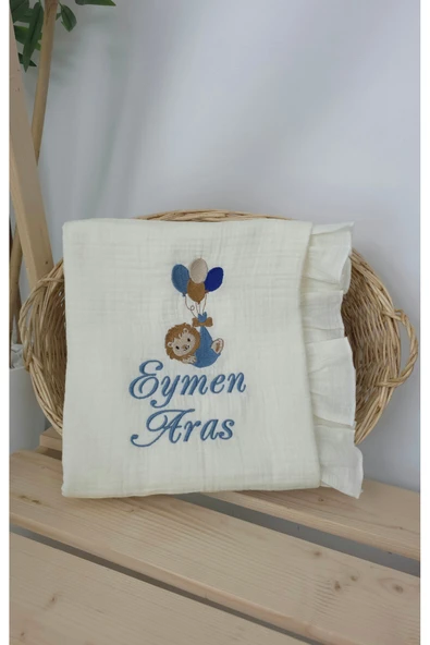 gros shop Müslin Yeni Doğan 4Katlı Organik %100Pamuk Kişiye Özgü Nakışlı Hastane Çıkış Seti (Balonlu Aslan-3) - Resim 3