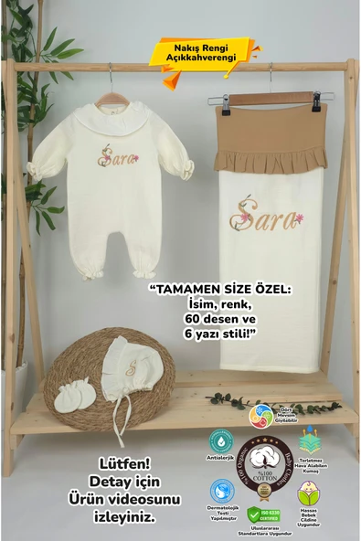 gros shop Müslin Yeni Doğan 4Katlı Organik %100Pamuk Kişiye Özgü Nakışlı Hastane Çıkış Seti (Papatya Model-13) ürün görseli