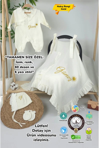 gros shop Müslin Yeni Doğan 4katlı Organik %100pamuk Kişiye Özgü Nakışlı Hastane Çıkış Seti (güneş Model-2) ürün görseli