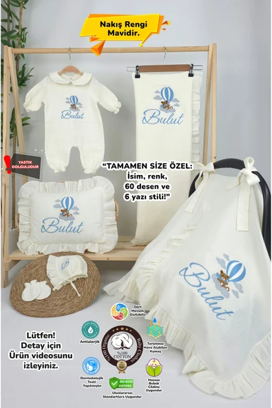 gros shop Müslin Yeni Doğan 4Katlı Organik %100Pamuk Kişiye Özgü Nakışlı Hastane Çıkış Seti (Ayıcık Model-3) ürün görseli