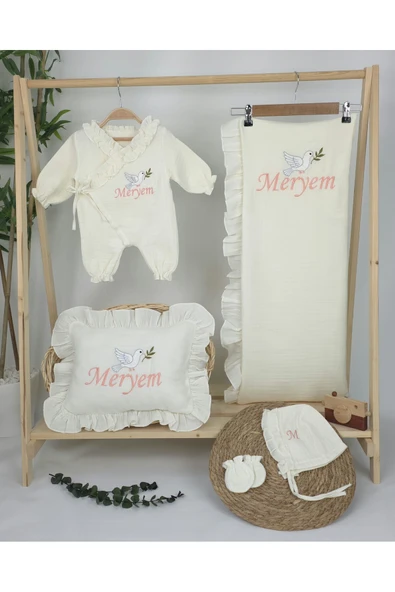 gros shop Müslin Yeni Doğan 4Katlı Organik %100Pamuk Kişiye Özgü Nakışlı Hastane Çıkış Setİ (Kuş Model-3) - Resim 2