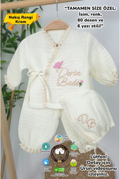 gros shop Müslin Yeni Doğan 4Katlı Organik %100Pamuk Kişiye Özgü Nakışlı Hastane Çıkış Seti(Tavşan Model-3) ürün görseli