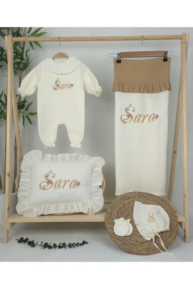 gros shop Müslin Yeni Doğan 4Katlı Organik %100Pamuk Kişiye Özgü Nakışlı Hastane Çıkış Seti (Papatya Model-13) ürün görseli