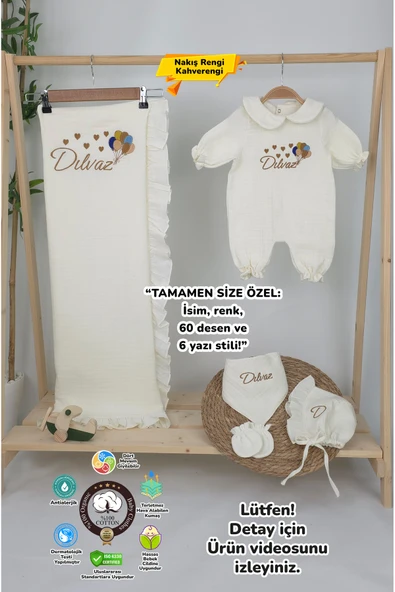 gros shop Müslin Yeni Doğan 4Katlı Organik %100Pamuk Kişiye Özgü Nakışlı Hastane Çıkış Seti (Çoklu Balon) ürün görseli