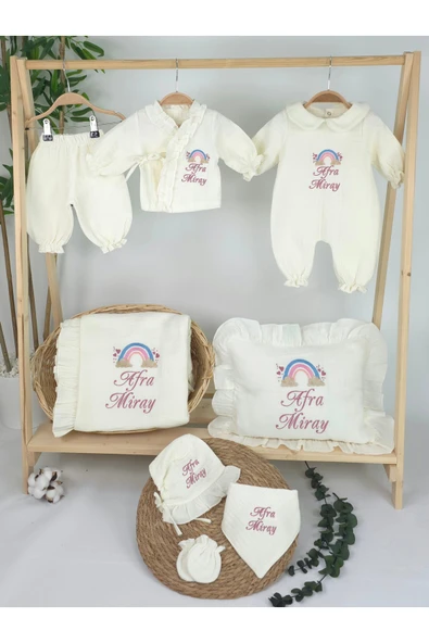 gros shop Müslin Yeni Doğan 4 Katlı Organik %100Pamuk Kişiye Özgü Nakışlı Hastane Çıkış Seti-Pudra Gökkuşağı - Resim 2