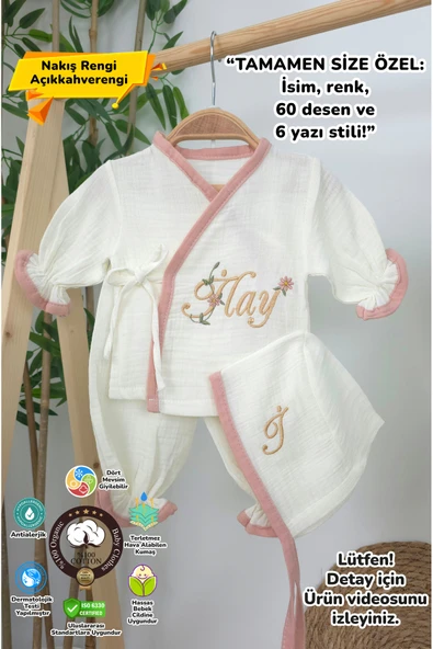 gros shop Müslin Yeni Doğan 4Katlı Organik %100Pamuk Kişiye Özgü Nakışlı Hastane Çıkış Seti (Papatya Model-9)