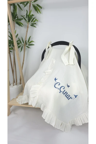 gros shop Müslin Yeni Doğan 4Katlı Organik %100Pamuk Kişiye Özgü Nakışlı Hastane Çıkış Seti-3'Lü Kuş Model - Resim 2