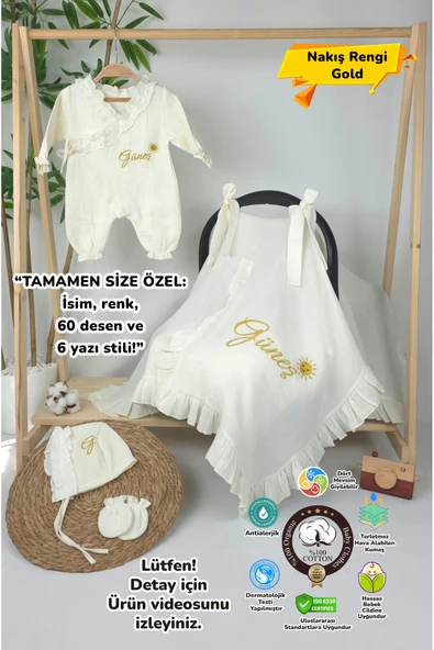 gros shop Müslin Yeni Doğan 4Katlı Organik %100Pamuk Kişiye Özgü Nakışlı Hastane Çıkış Seti-Güneş Model-1 ürün görseli