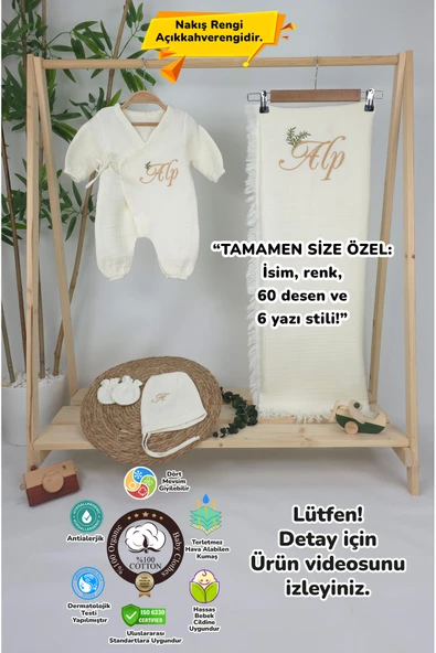 gros shop Müslin Yeni Doğan 4Katlı Organik %100Pamuk Kişiye Özgü Nakışlı Hastane Çıkış Seti-Dal Model ürün görseli