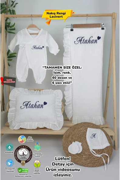 gros shop Müslin Yeni Doğan 2Katlı Organik %100Pamuk Kişiye Özgü Nakışlı Hastane Çıkış Seti (Kalpli Model-2) - 1