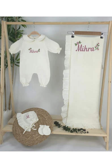 gros shop Müslin Yeni Doğan 4Katlı Organik %100Pamuk Kişiye Özgü Nakışlı Hastane Çıkış Seti (Güllü Mode-3) - Resim 2