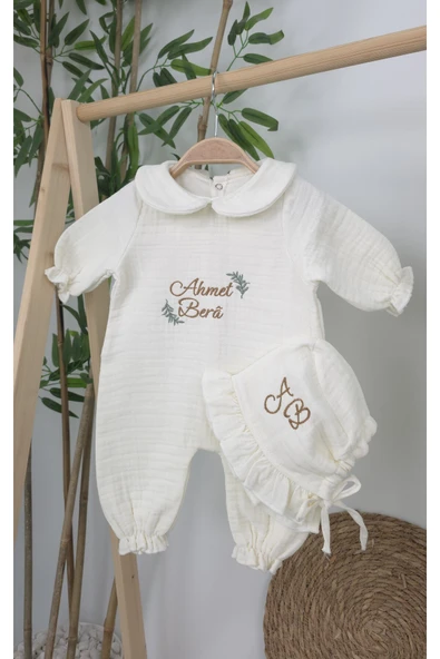 gros shop Müslin Yeni Doğan 4Katlı Organik %100Pamuk Kişiye Özgü Nakışlı Hastane Çıkış Seti (Dal Modell-2) - Resim 2