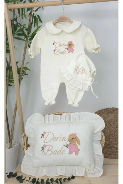 gros shop Müslin Yeni Doğan 4Katlı Organik %100Pamuk Kişiye Özgü Nakışlı Hastane Çıkış Seti(Tavşan Model-3) - 2