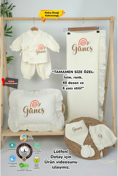 gros shop Müslin Yeni Doğan 4Katlı Organik %100Pamuk Kişiye Özgü Nakışlı Hastane Çıkış Seti(Gökkuşağı Model-3) ürün görseli