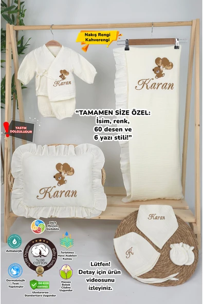 gros shop Müslin Yeni Doğan 4Katlı Organik %100Pamuk Kişiye Özgü Nakışlı Hastane Çıkış Seti (Ayıcık Model-6) - 1