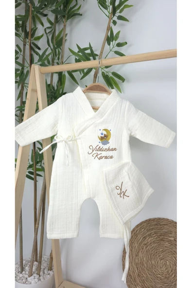 gros shop Müslin Yeni Doğan 4Katlı Organik %100Pamuk Kişiye Özgü Nakışlı Hastane Çıkış Seti(Ay YıldızlıAyıcık) - 2