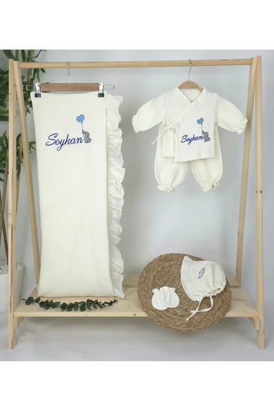 gros shop Müslin Yeni Doğan 4Katlı Organik %100Pamuk Kişiye Özgü Nakışlı Hastane Çıkış Seti (Filli Model-2) - Resim 2