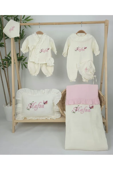 gros shop Müslin Yeni Doğan 4Katlı Organik %100Pamuk Kişiye Özgü Nakışlı Hastane Çıkış Seti(Kelebekli Papatya) - Resim 2