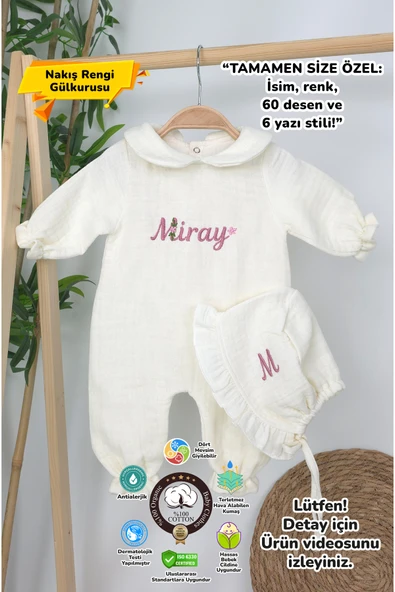 gros shop Müslin Yeni Doğan 4Katlı Organik %100Pamuk Kişiye Özgü Nakışlı Hastane Çıkış Seti (Papatya Model-12) ürün görseli