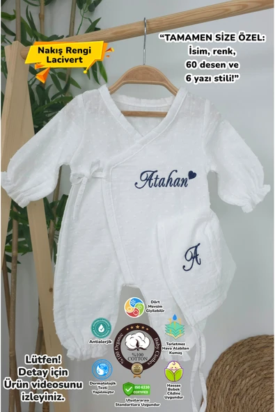 gros shop Müslin Yeni Doğan 2Katlı Organik %100Pamuk Kişiye Özgü Nakışlı Hastane Çıkış Seti (Kalpli Model-2) ürün görseli